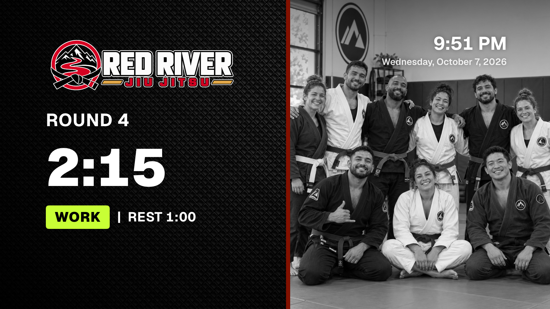 VORZA on Apple TV: Red River Jiu-Jitsu branding beside a round timer and gym photo