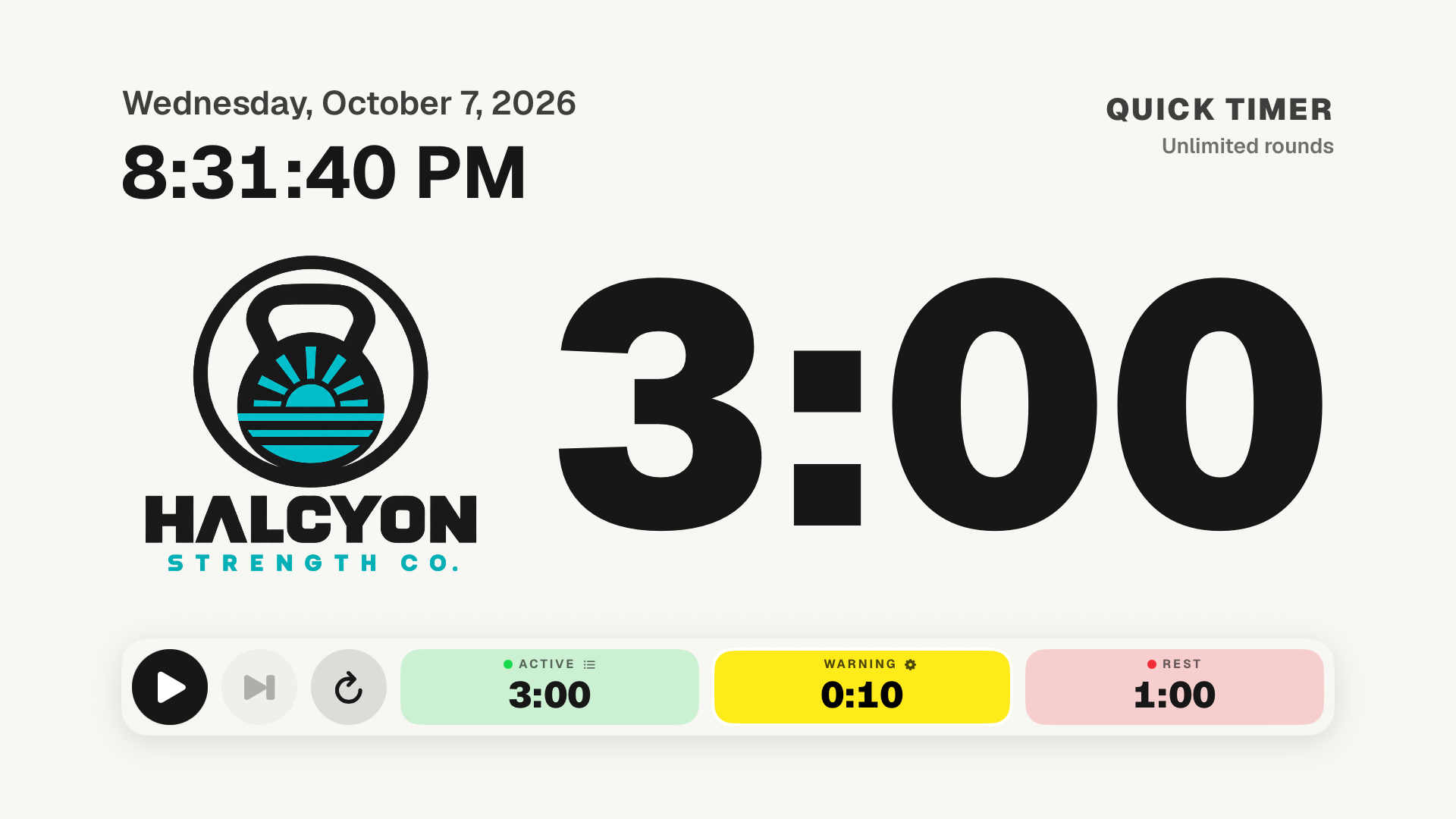 The timer branded with Halcyon Strength Co.’s logo
